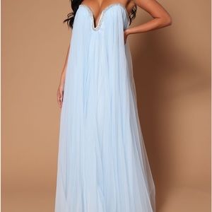 Crystal trim tulle blue long dress - floor length